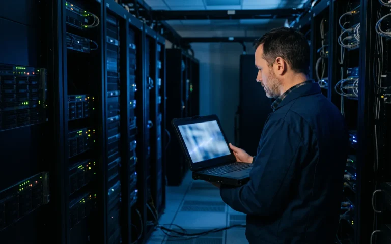 Инженер в серверной с оборудованием обработки данных