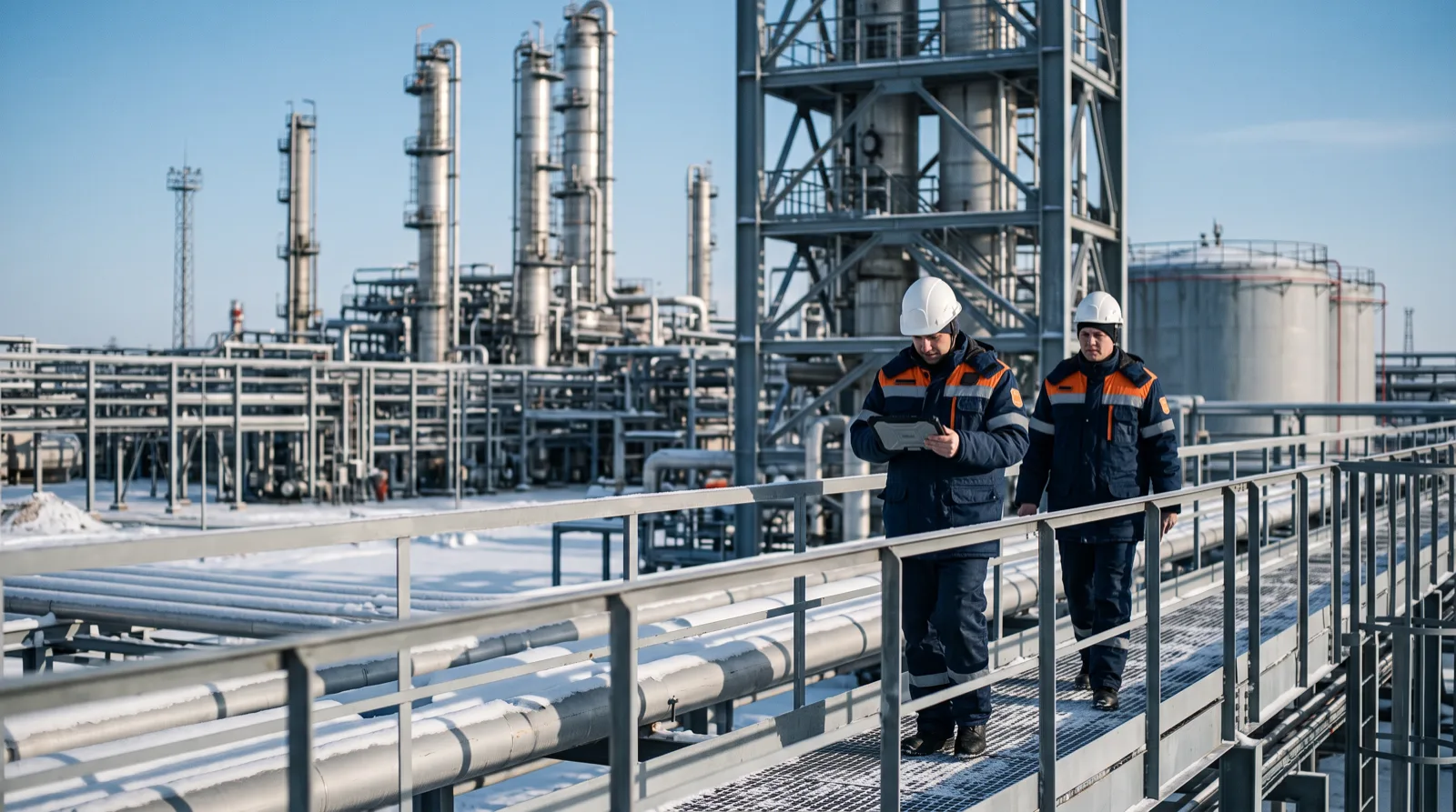 Инженеры на территории нефтехимического производства зимой