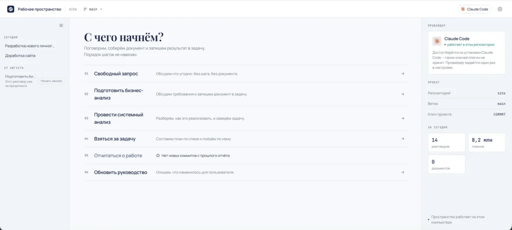 Рабочее пространство Balance SDLC: список шагов процесса, панель проекта и счётчики за день